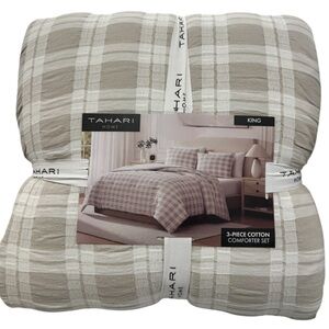 Tahari Tan and White King Checkered Cotton Comforter Set 104”x90”
